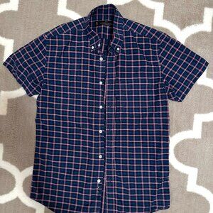 Slim Navy Blue Windowpane Button Down Short-Sleeved (Small)